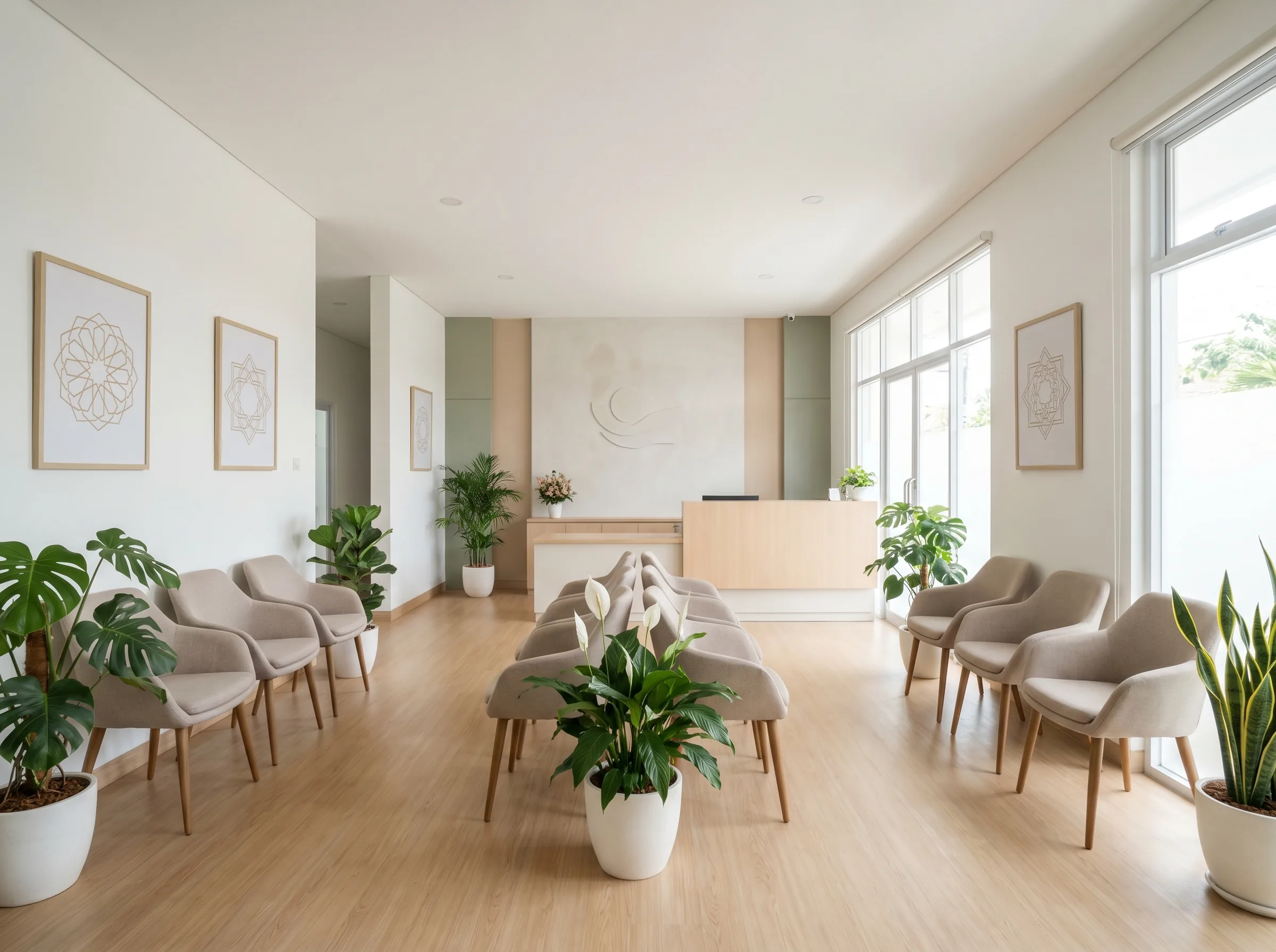 Interior Klinik Yeka Medika dengan ruang tunggu modern, plafon putih, lantai kayu terang, kursi nyaman, tanaman hijau, dan dekorasi pola geometris Islami