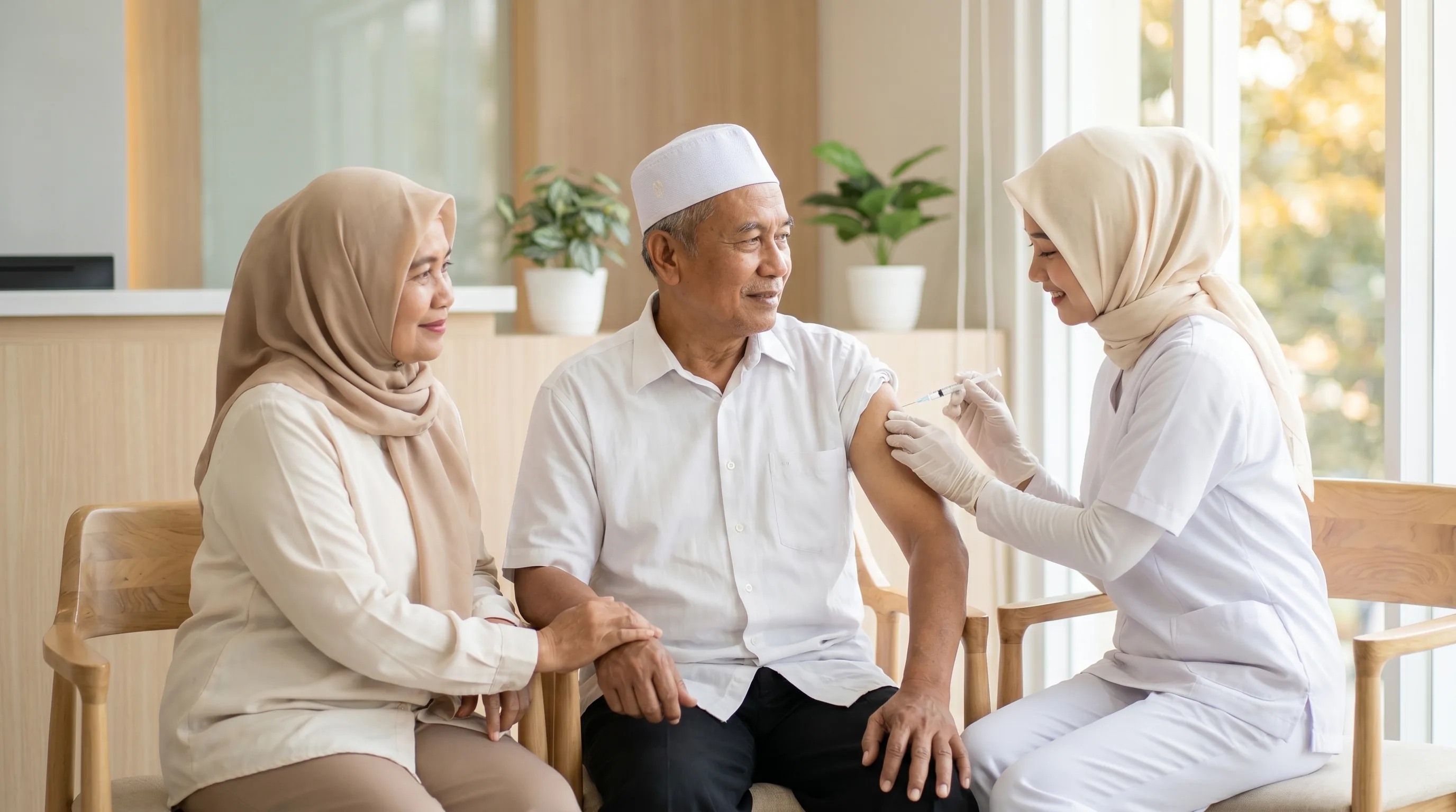 Pasangan jemaah haji lansia sedang menerima vaksinasi dari perawat berhijab di Klinik Yeka Medika, suasana hangat dan tenang