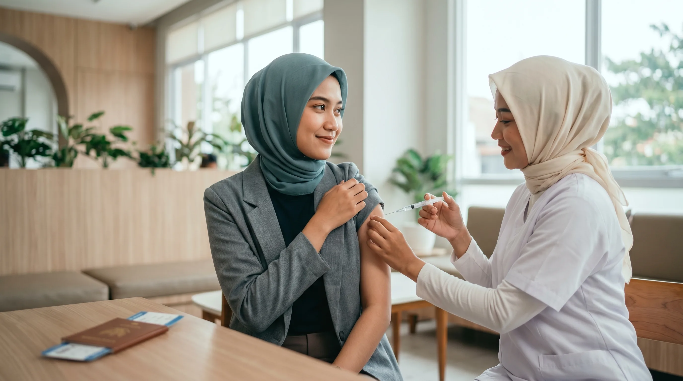 Profesional muda berhijab sedang menerima vaksin perjalanan internasional dari perawat di Klinik Yeka Medika, paspor & boarding pass terlihat di meja